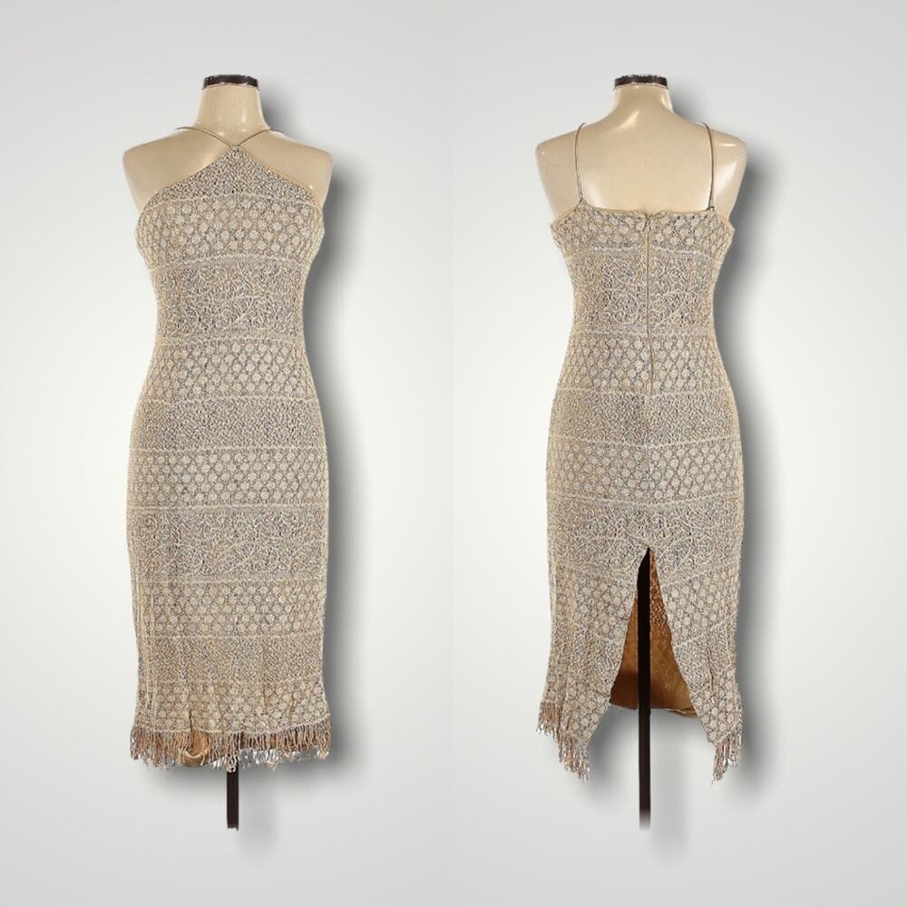 BARI JAY VINTAGE SPAGETTI BOHO DRESS METALLIC THREAD TAN GOLD 14